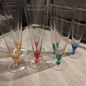 Set of 7 Vintage Colorful Hand Hand Blown Pilsner Glasses